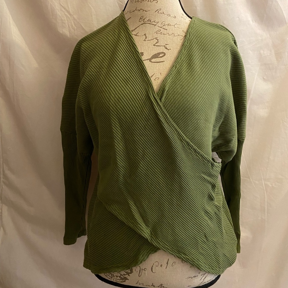 Olive Green Stretchy Knit criss-cross Shirt